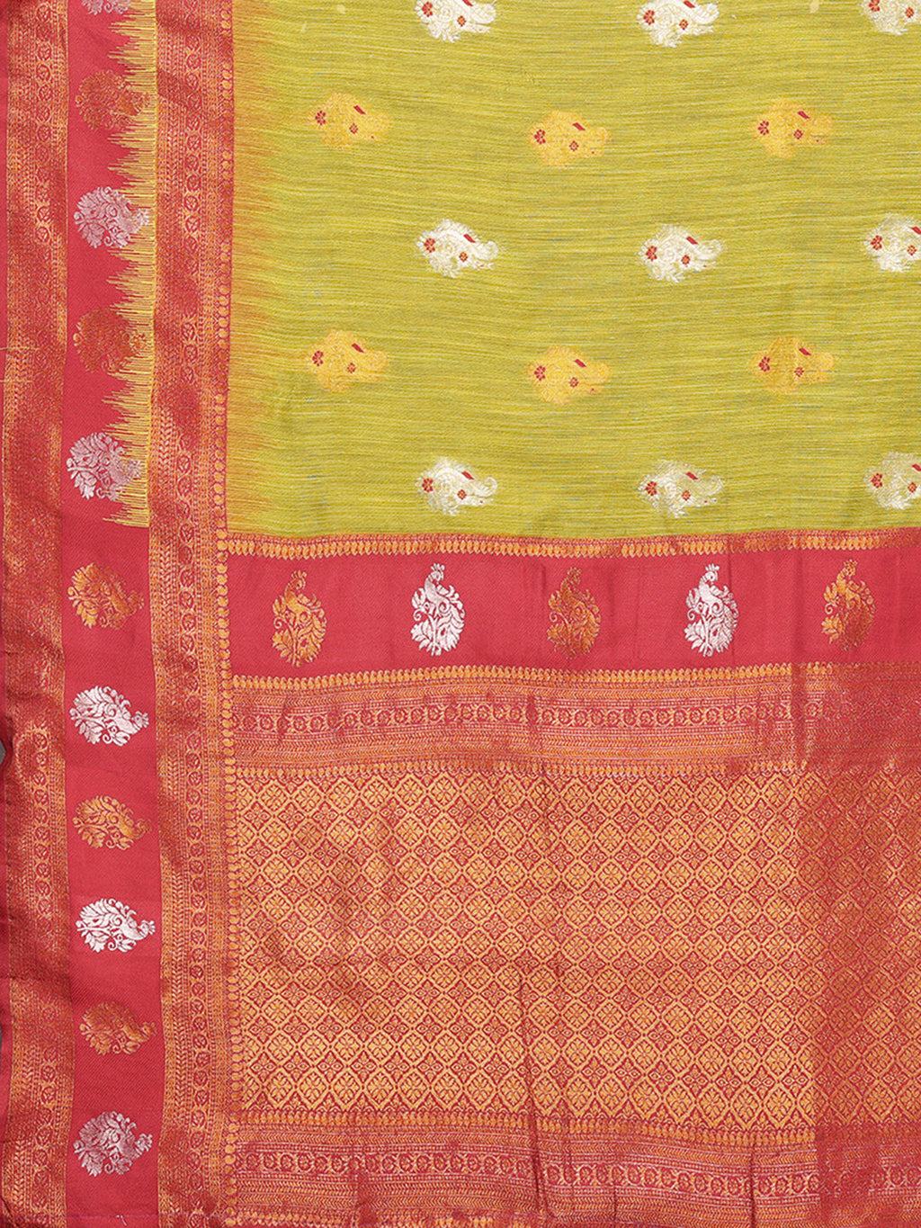 Janasya Mehndi Green Cotton Linen Ethnic Motifs Kanjivaram Saree | Grocsy