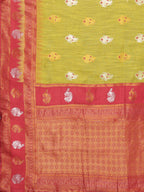 Janasya Mehndi Green Cotton Linen Ethnic Motifs Kanjivaram Saree | Grocsy