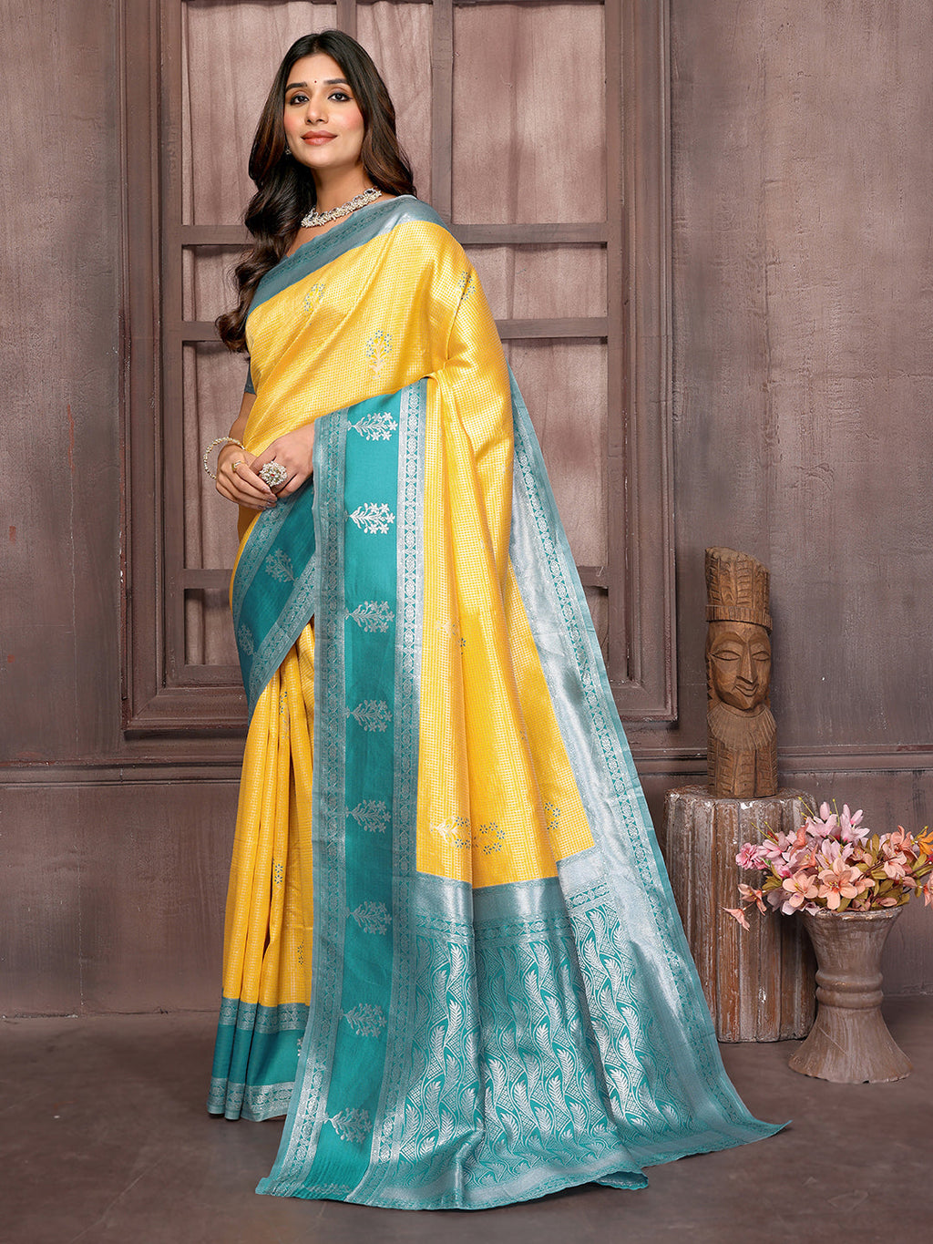 Janasya Yellow Silk Blend Checked Jacquard Border Saree | Grocsy