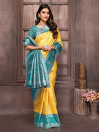 Janasya Yellow Silk Blend Checked Jacquard Border Saree | Grocsy
