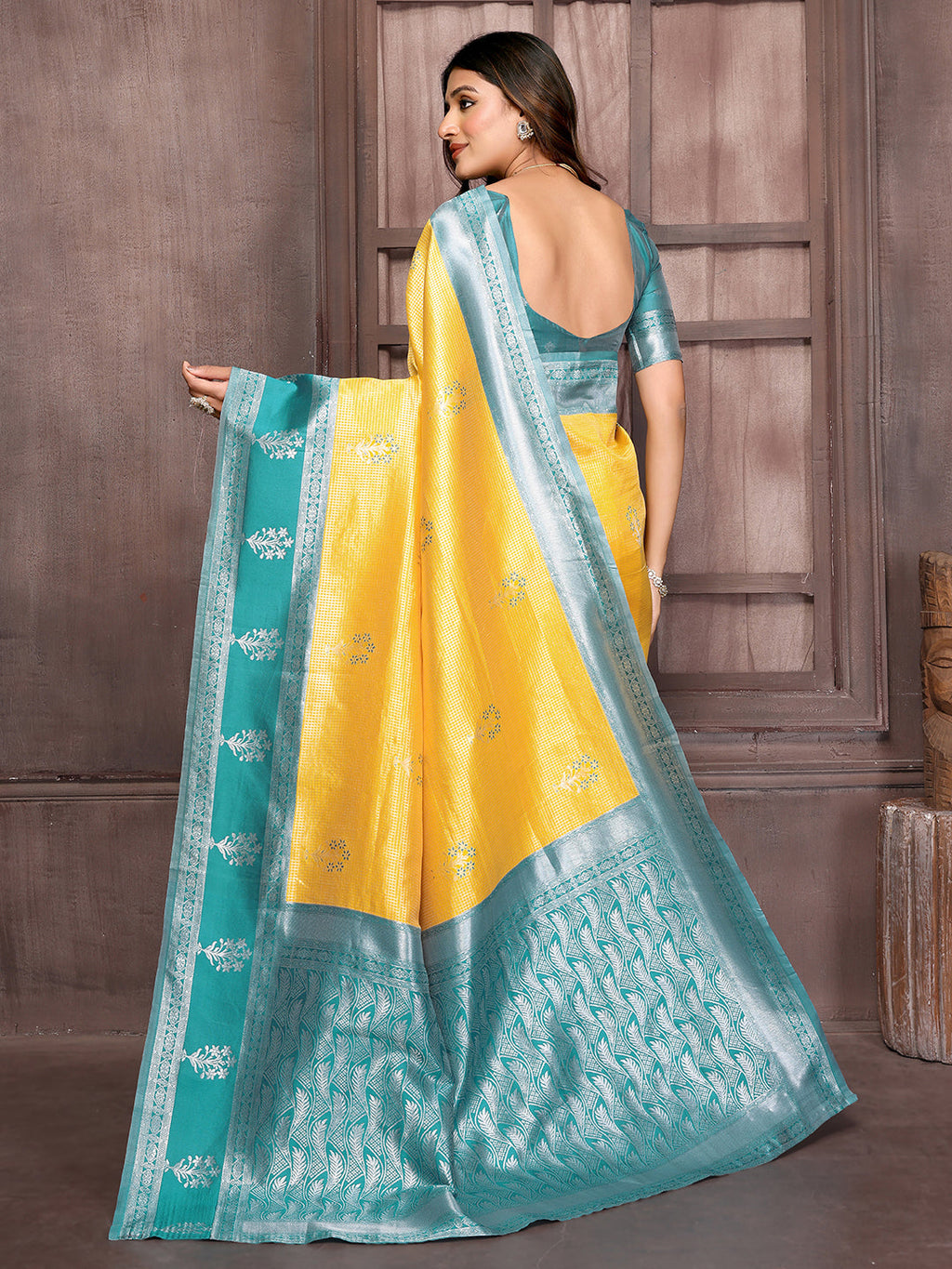 Janasya Yellow Silk Blend Checked Jacquard Border Saree | Grocsy