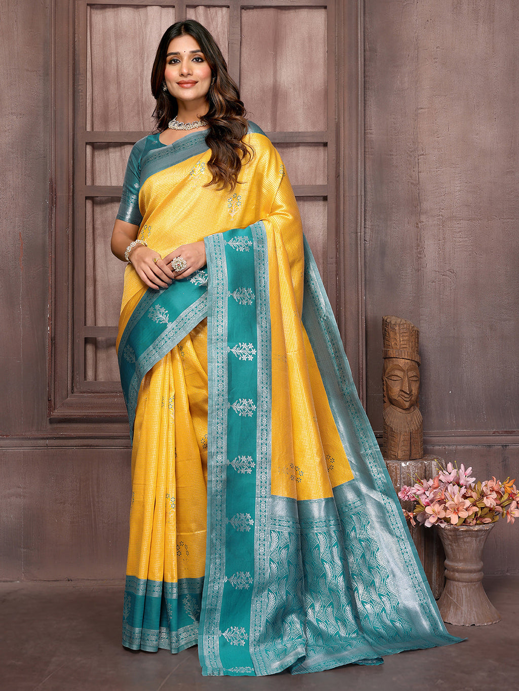 Janasya Yellow Silk Blend Checked Jacquard Border Saree | Grocsy