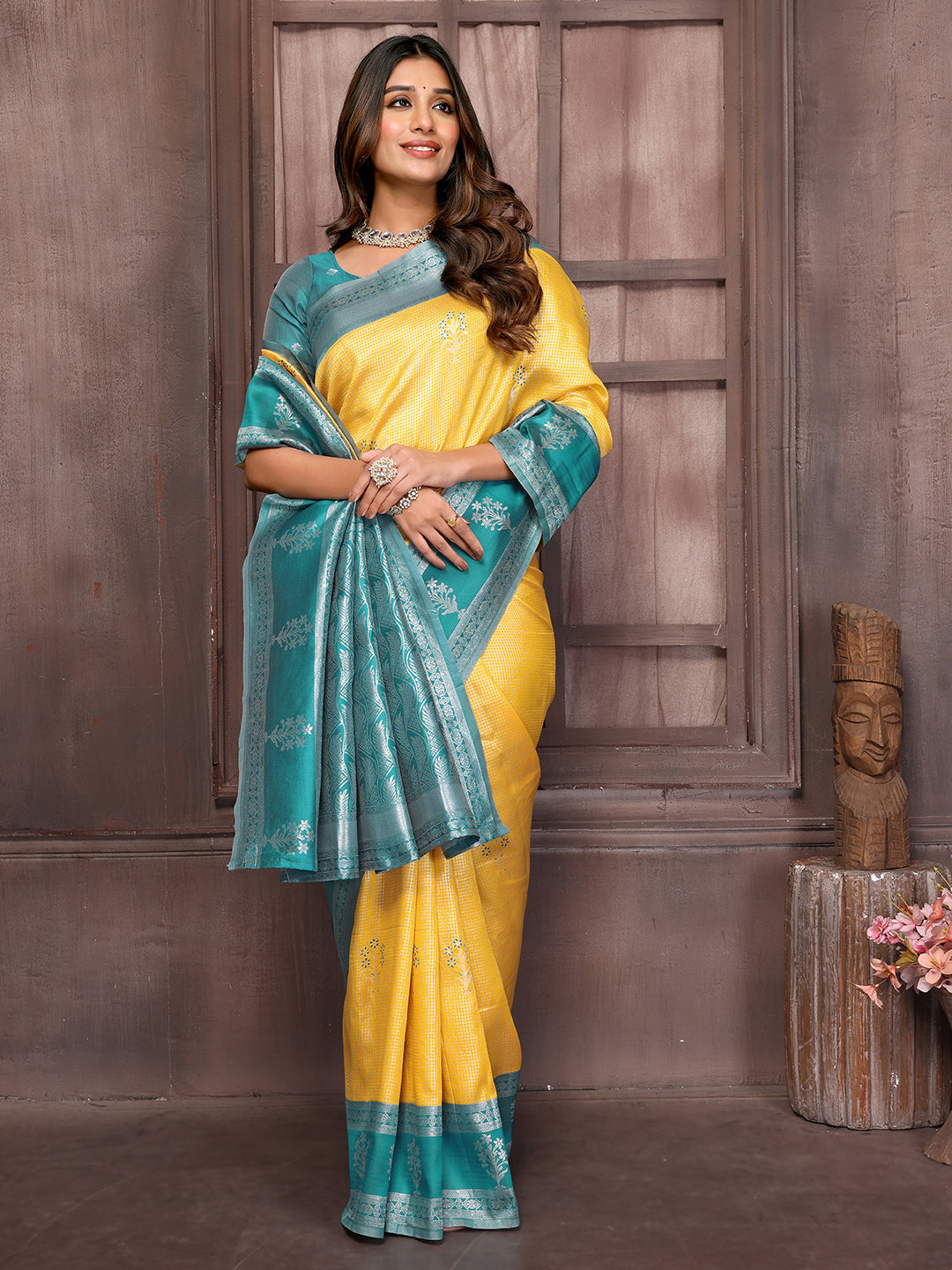 Janasya Yellow Silk Blend Checked Jacquard Border Saree | Grocsy