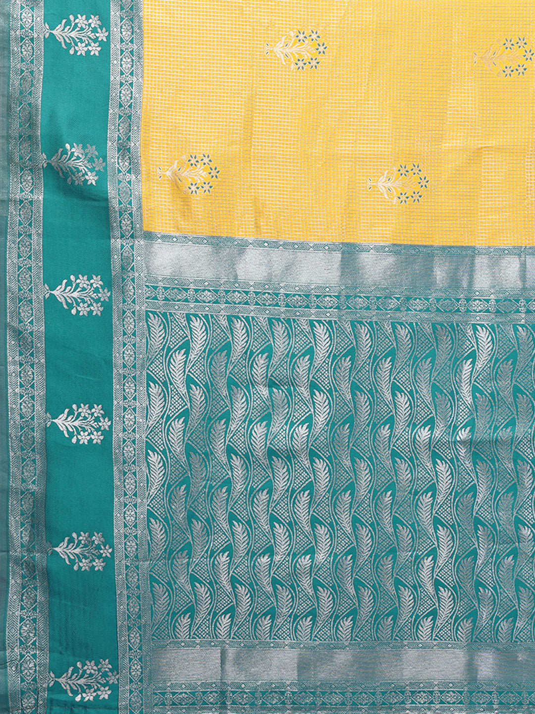 Janasya Yellow Silk Blend Checked Jacquard Border Saree | Grocsy