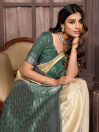 Janasya Beige Silk Blend Checked Jacquard Border Saree | Grocsy