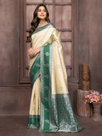 Janasya Beige Silk Blend Checked Jacquard Border Saree | Grocsy