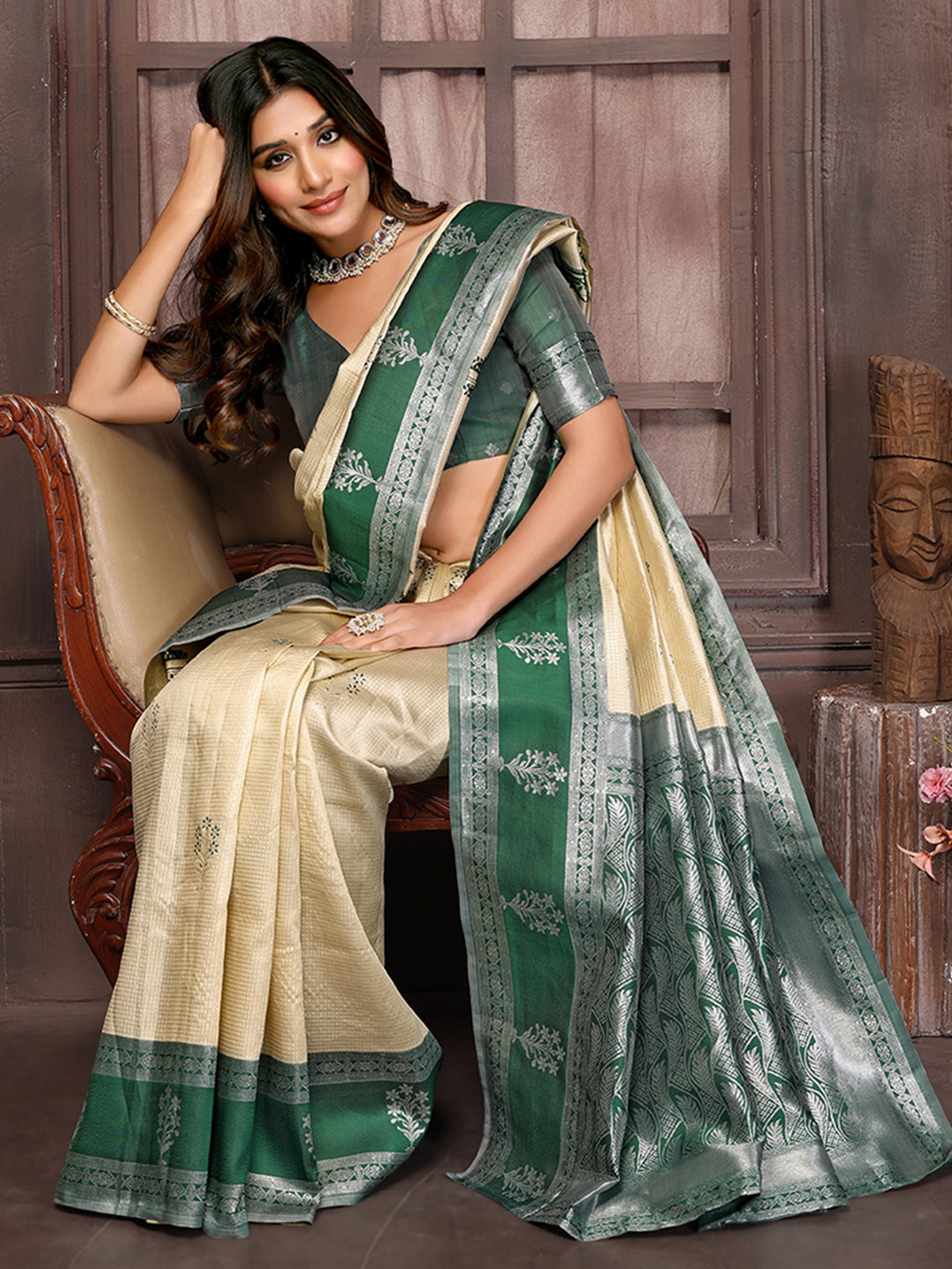 Janasya Beige Silk Blend Checked Jacquard Border Saree | Grocsy