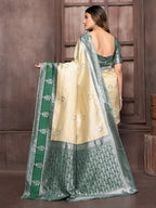 Janasya Beige Silk Blend Checked Jacquard Border Saree | Grocsy