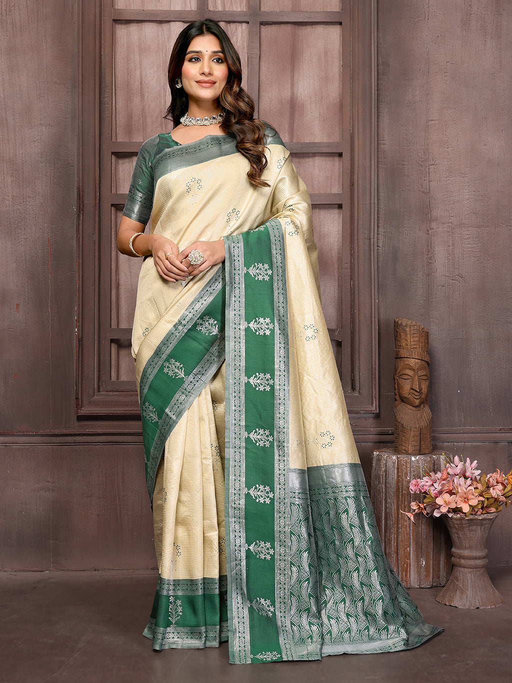 Janasya Beige Silk Blend Checked Jacquard Border Saree | Grocsy