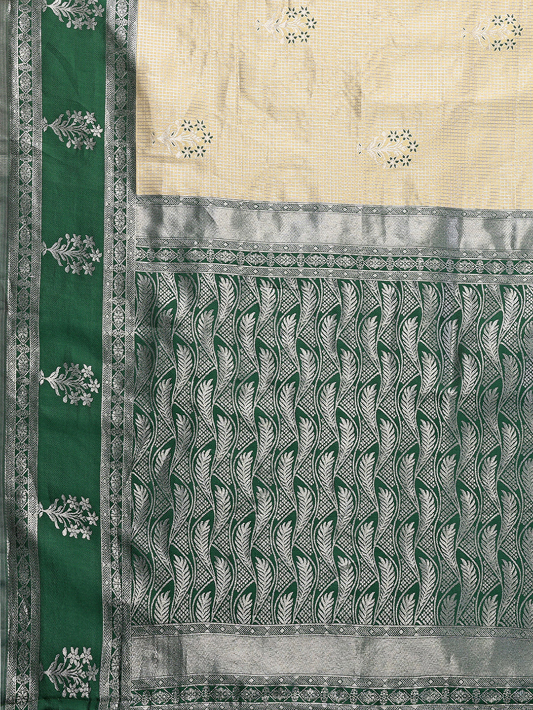 Janasya Beige Silk Blend Checked Jacquard Border Saree | Grocsy