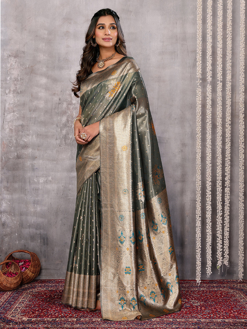 Janasya Olive Silk Blend Ethnic Motifs Banarasi Saree | Grocsy