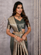 Janasya Olive Silk Blend Ethnic Motifs Banarasi Saree | Grocsy