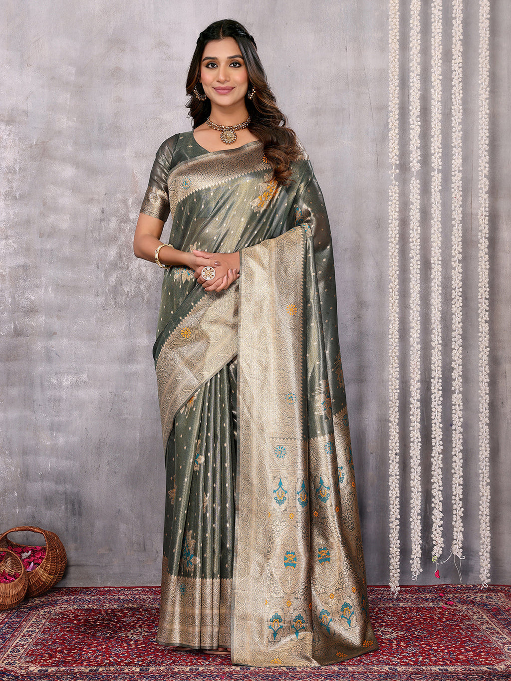 Janasya Olive Silk Blend Ethnic Motifs Banarasi Saree | Grocsy