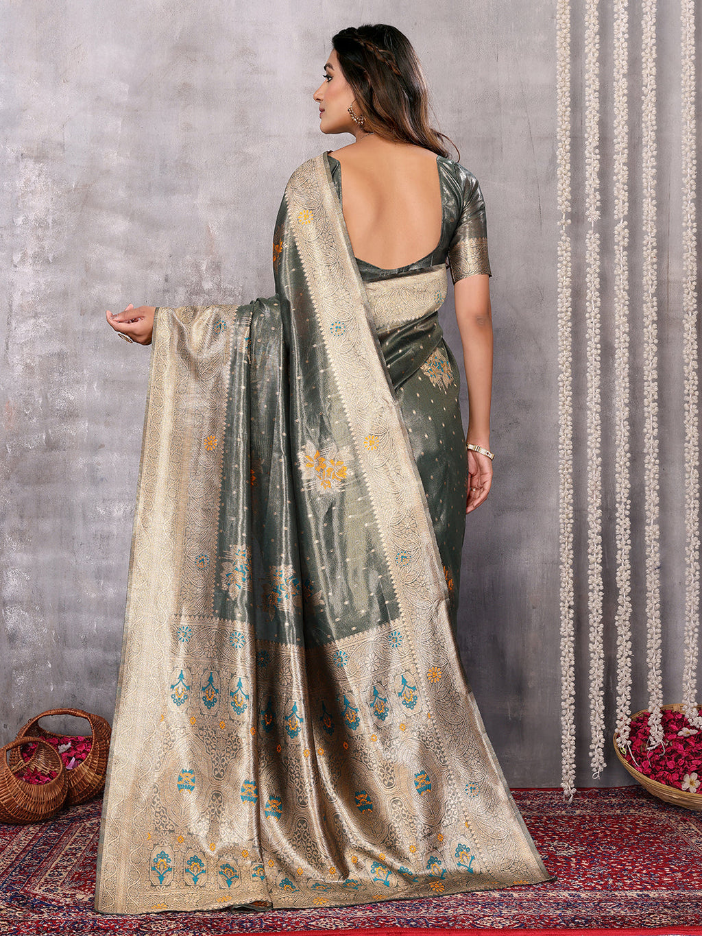 Janasya Olive Silk Blend Ethnic Motifs Banarasi Saree | Grocsy