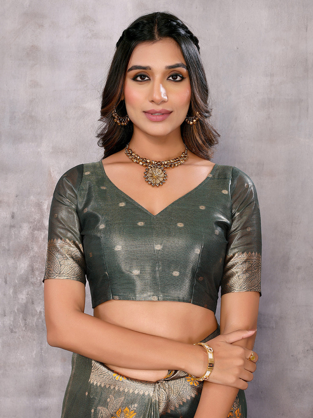 Janasya Olive Silk Blend Ethnic Motifs Banarasi Saree | Grocsy