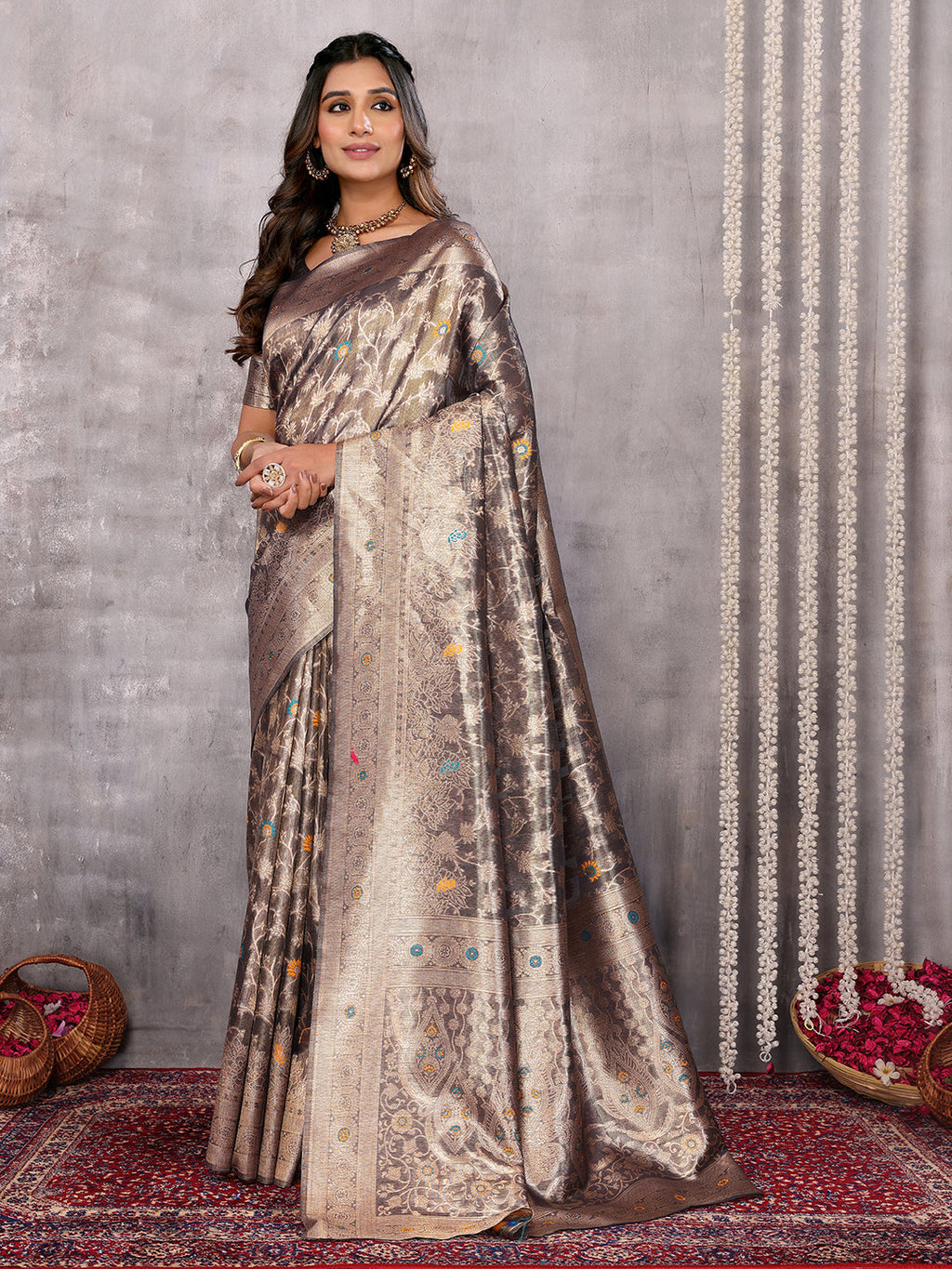 Janasya Blue & Gold Silk Blend Floral Banarasi Saree | Grocsy