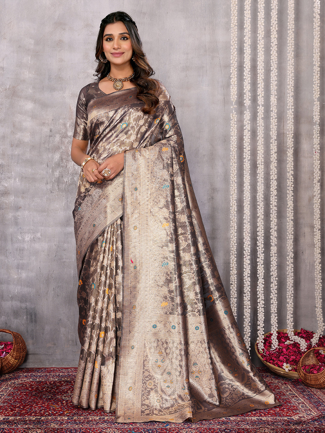 Janasya Blue & Gold Silk Blend Floral Banarasi Saree | Grocsy