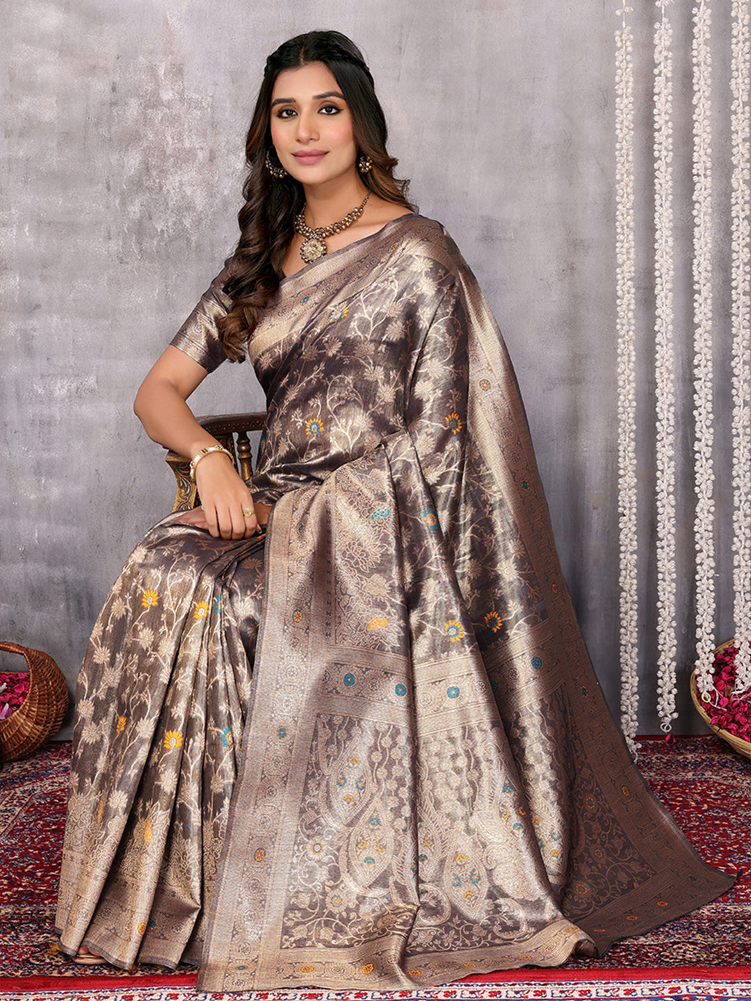 Janasya Blue & Gold Silk Blend Floral Banarasi Saree | Grocsy