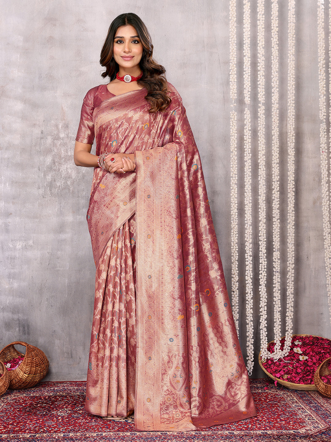 Janasya Mauve Silk Blend Floral Banarasi Saree | Grocsy