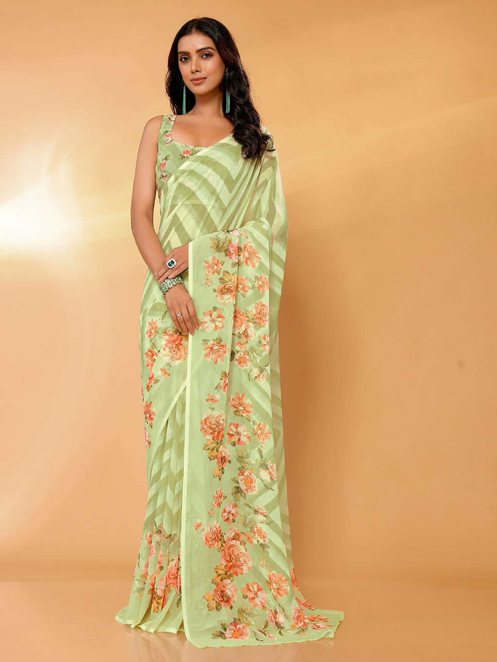 Janasya Light Green Georgette Floral Printed Saree | Grocsy