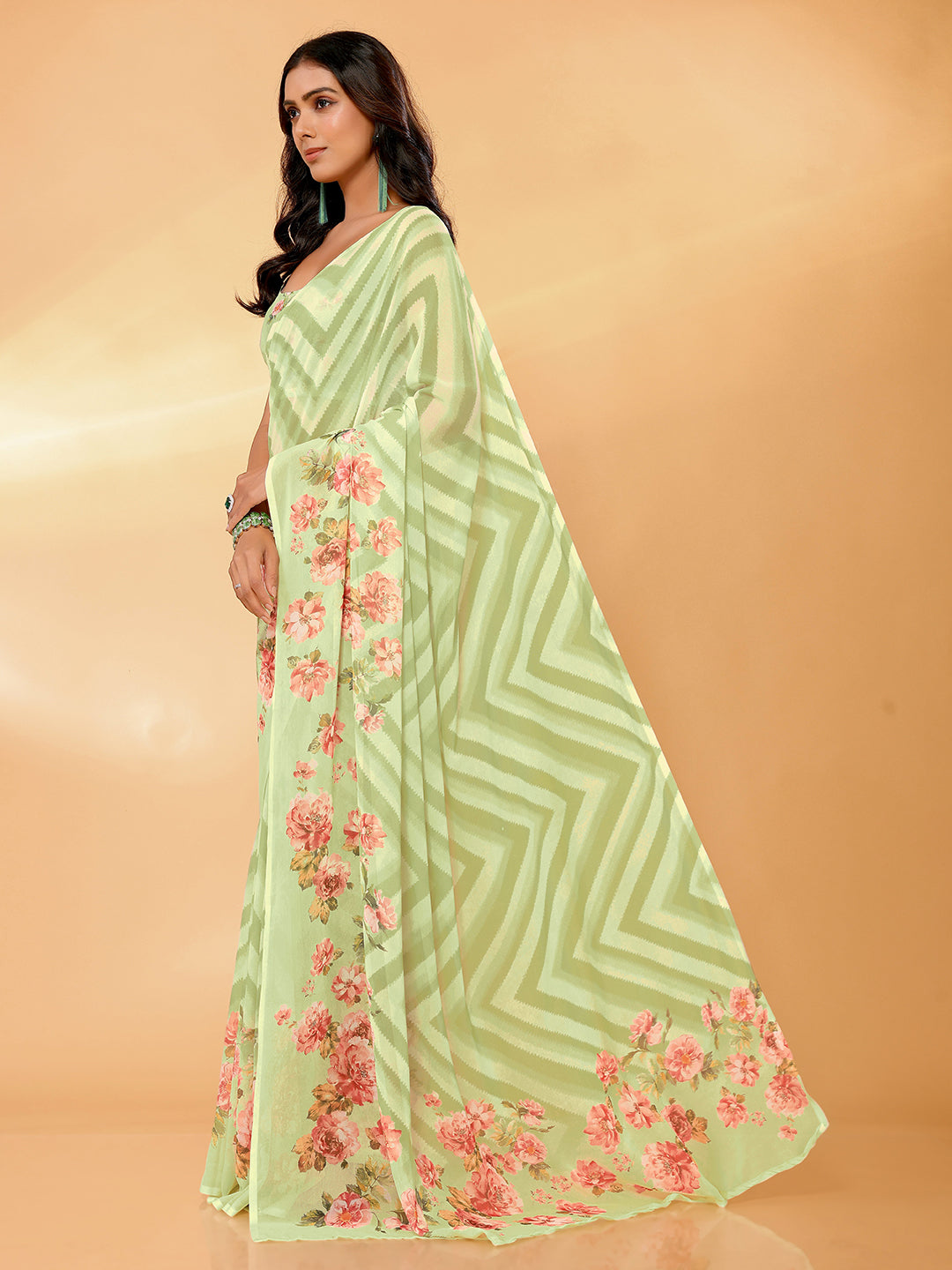 Janasya Light Green Georgette Floral Printed Saree | Grocsy