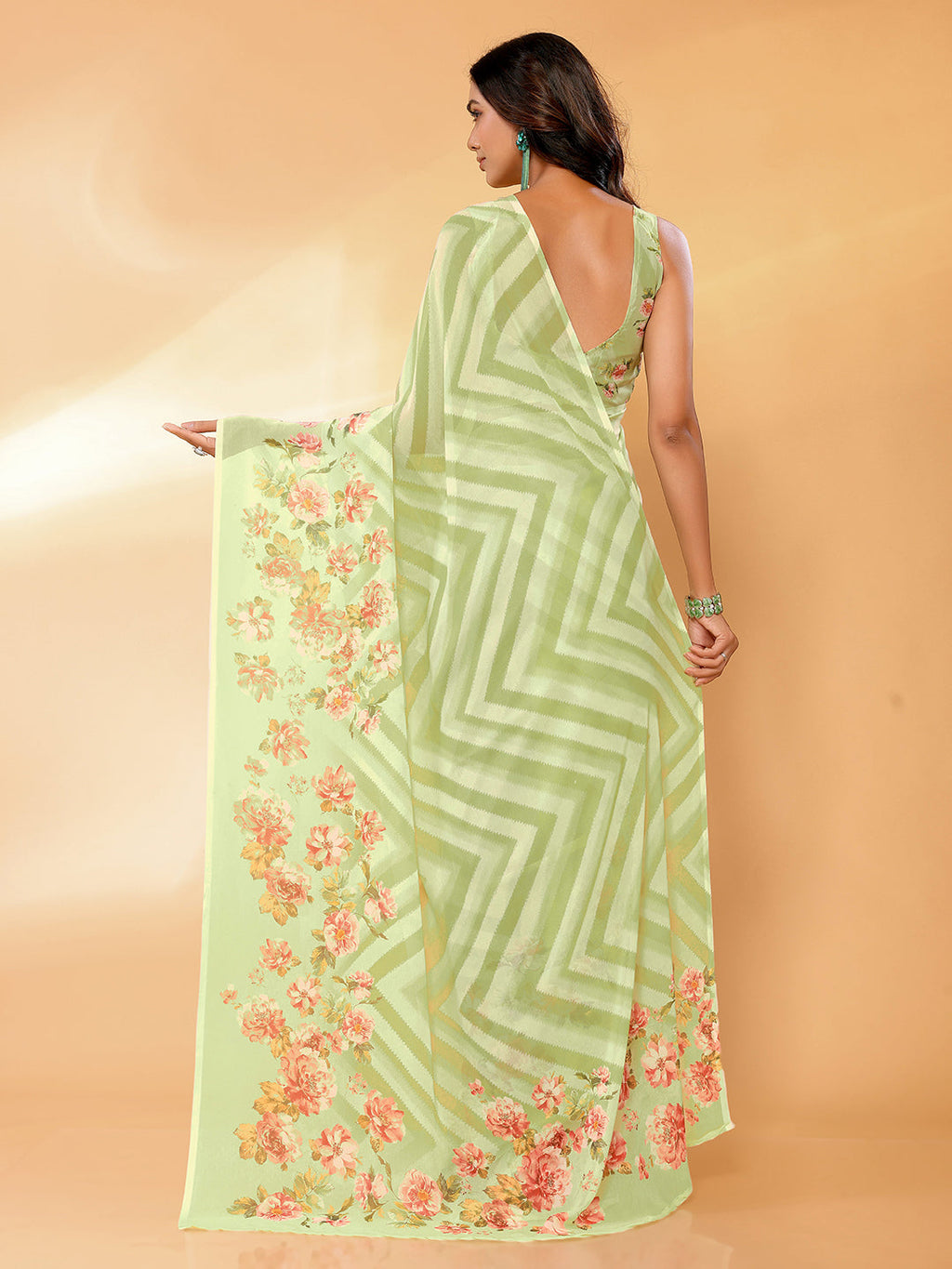 Janasya Light Green Georgette Floral Printed Saree | Grocsy