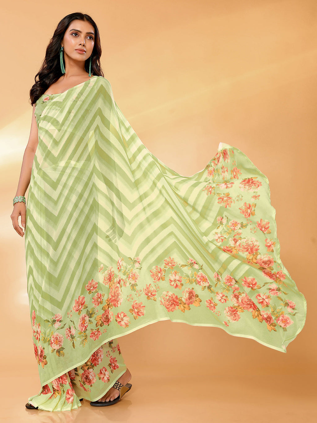Janasya Light Green Georgette Floral Printed Saree | Grocsy