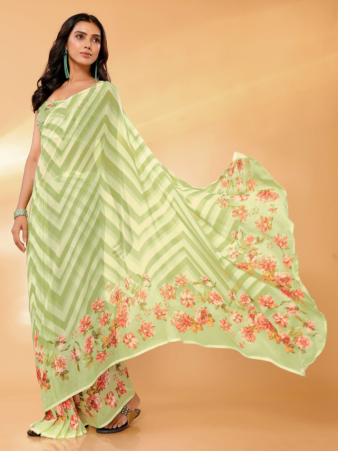 Janasya Light Green Georgette Floral Printed Saree | Grocsy