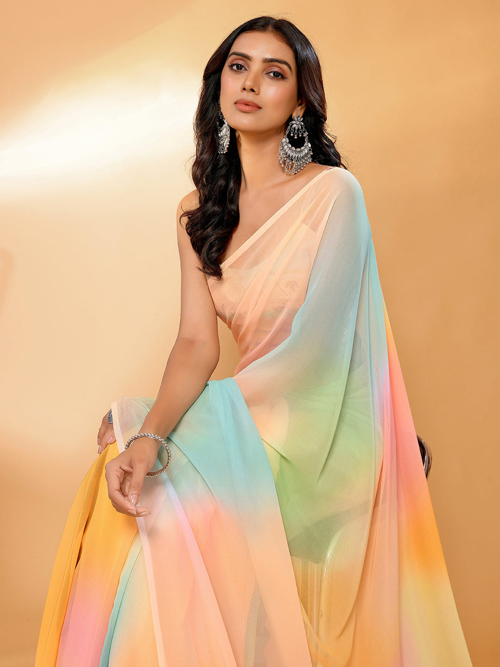 Janasya Multicolor Georgette Ombre Printed Saree | Grocsy