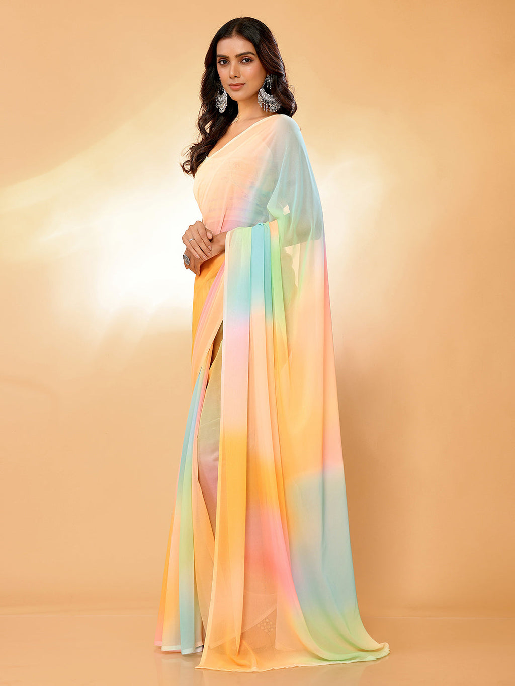 Janasya Multicolor Georgette Ombre Printed Saree | Grocsy
