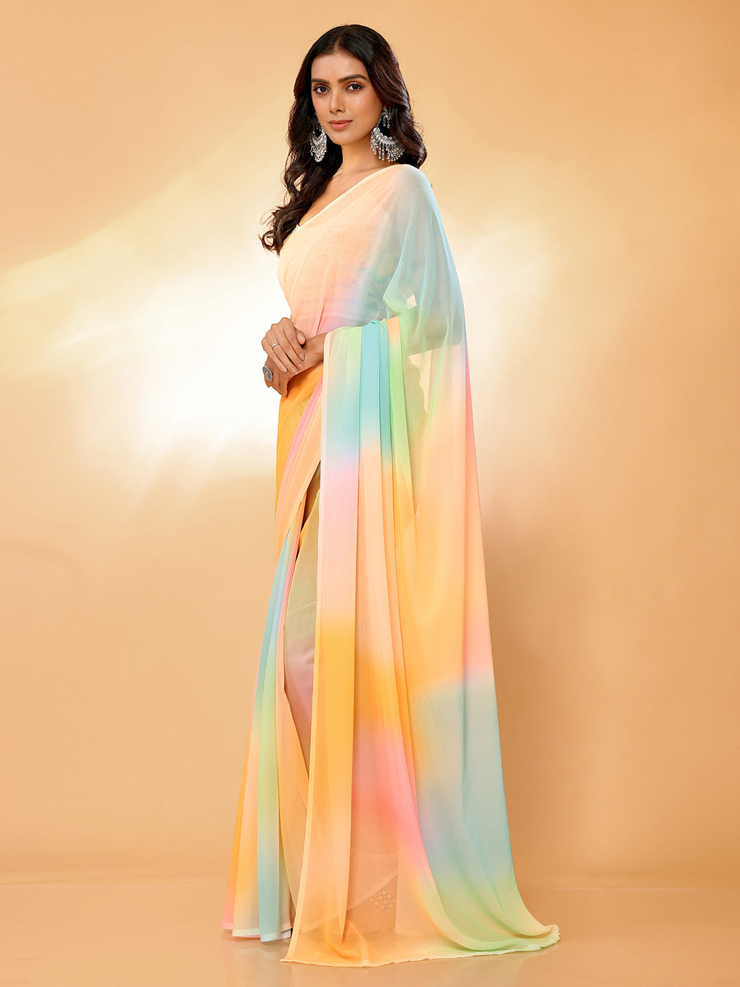 Janasya Multicolor Georgette Ombre Printed Saree | Grocsy