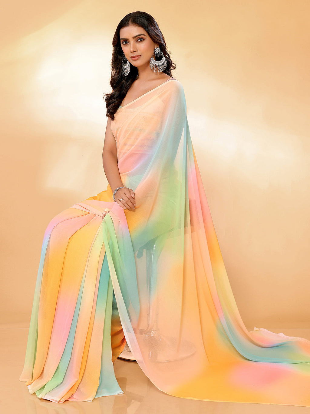 Janasya Multicolor Georgette Ombre Printed Saree | Grocsy