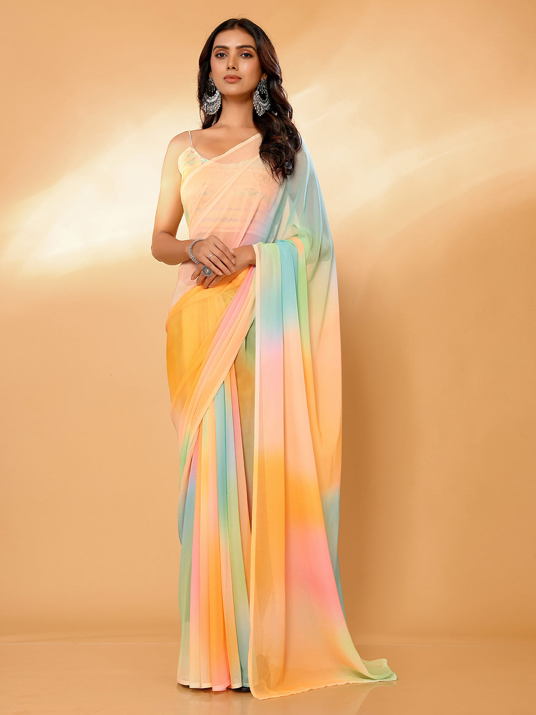 Janasya Multicolor Georgette Ombre Printed Saree | Grocsy