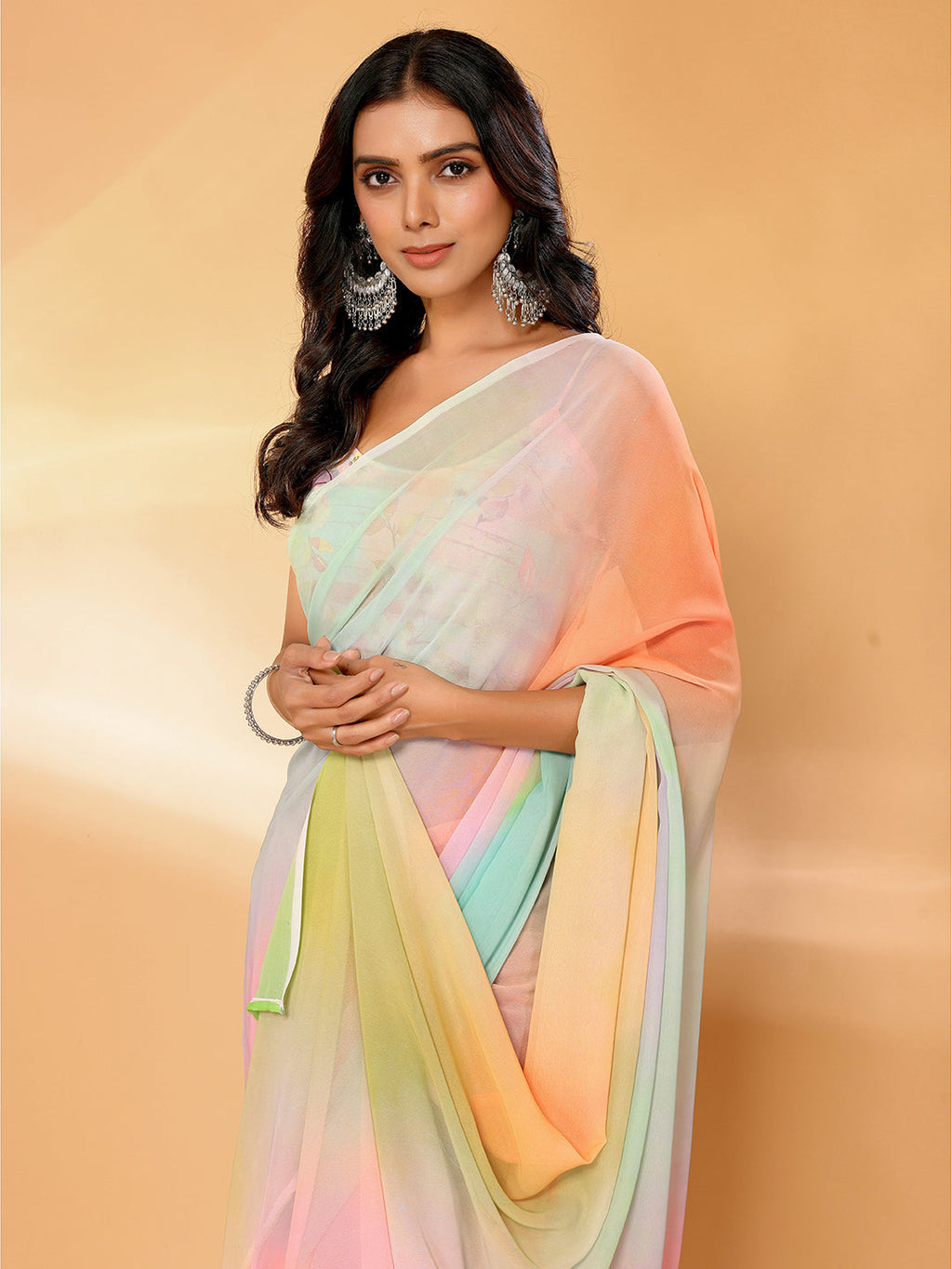 Janasya Multicolor Georgette Ombre Printed Saree | Grocsy
