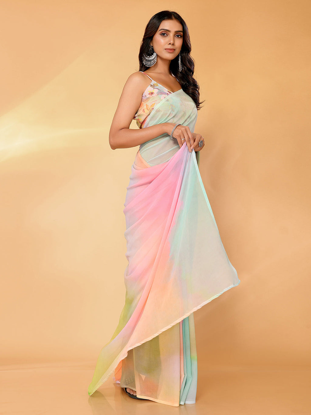 Janasya Multicolor Georgette Ombre Printed Saree | Grocsy