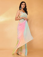 Janasya Multicolor Georgette Ombre Printed Saree | Grocsy