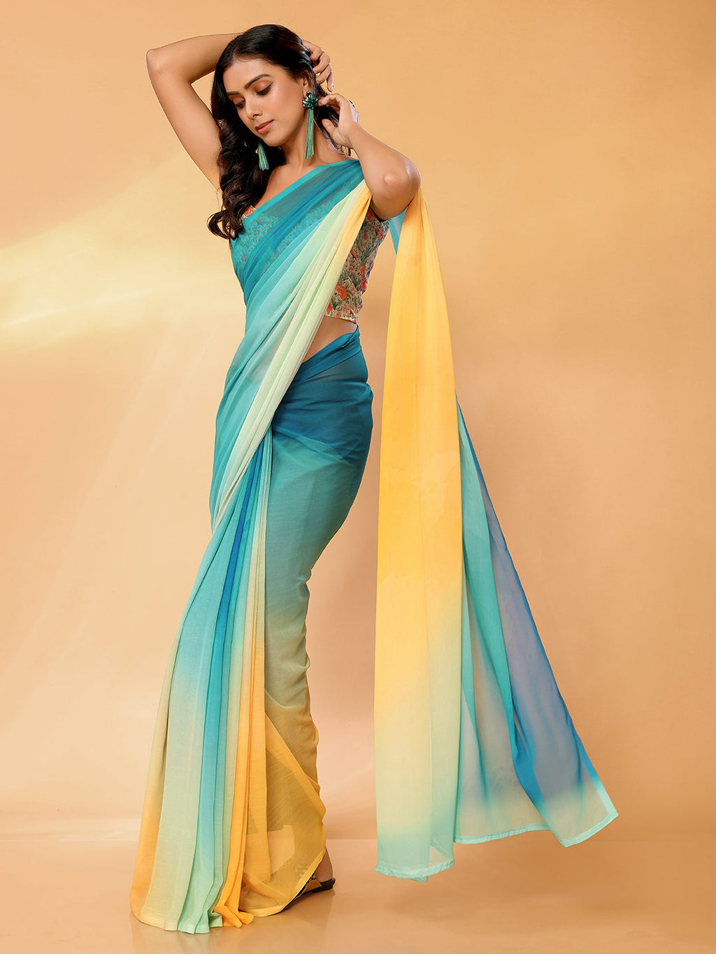 Janasya Multicolor Georgette Ombre Printed Saree | Grocsy