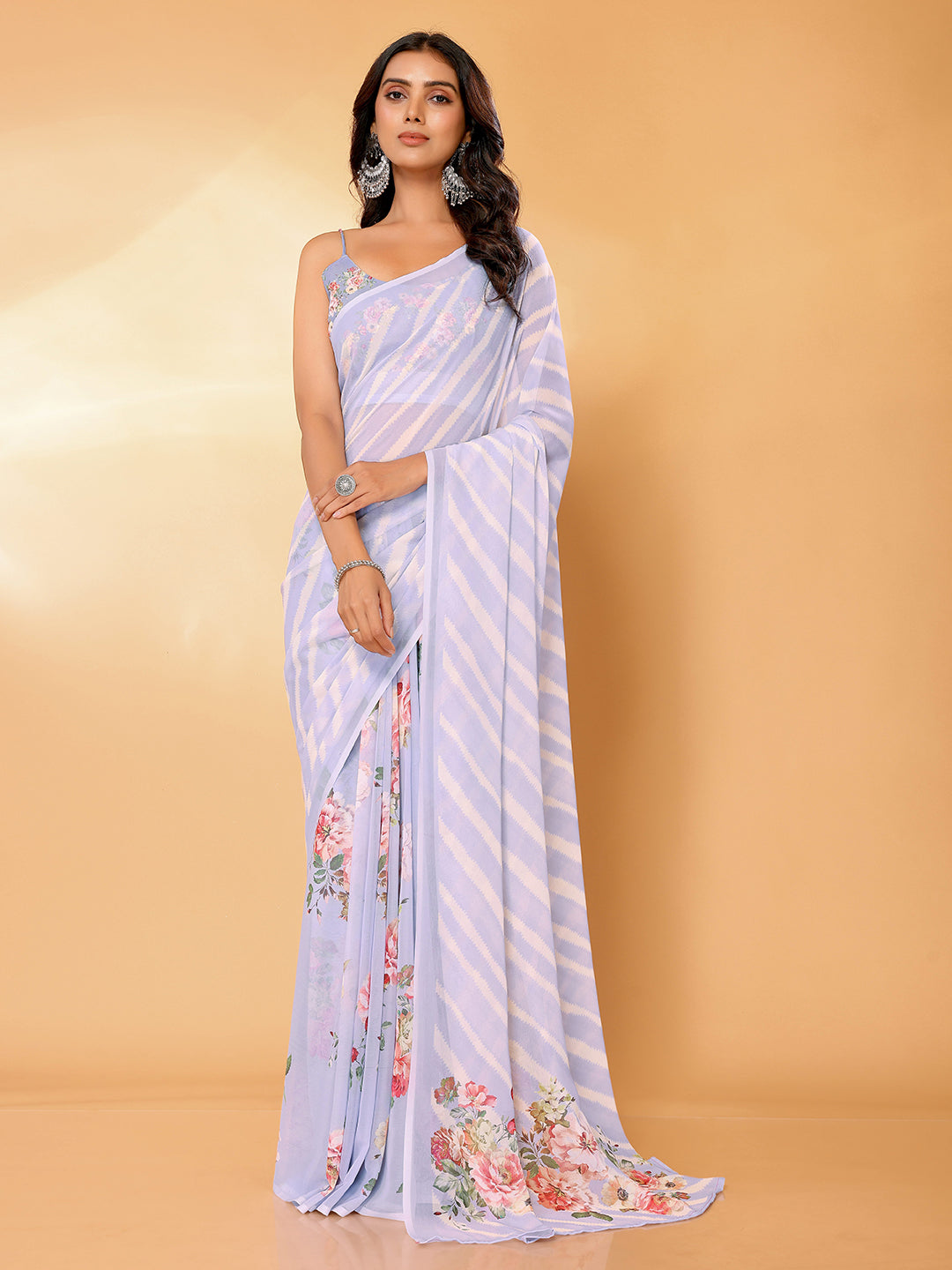 Janasya Lavender Georgette Floral Printed Saree | Grocsy