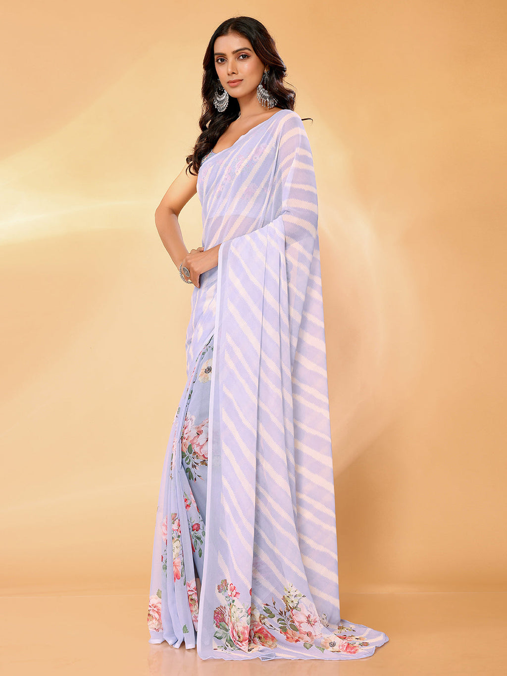 Janasya Lavender Georgette Floral Printed Saree | Grocsy