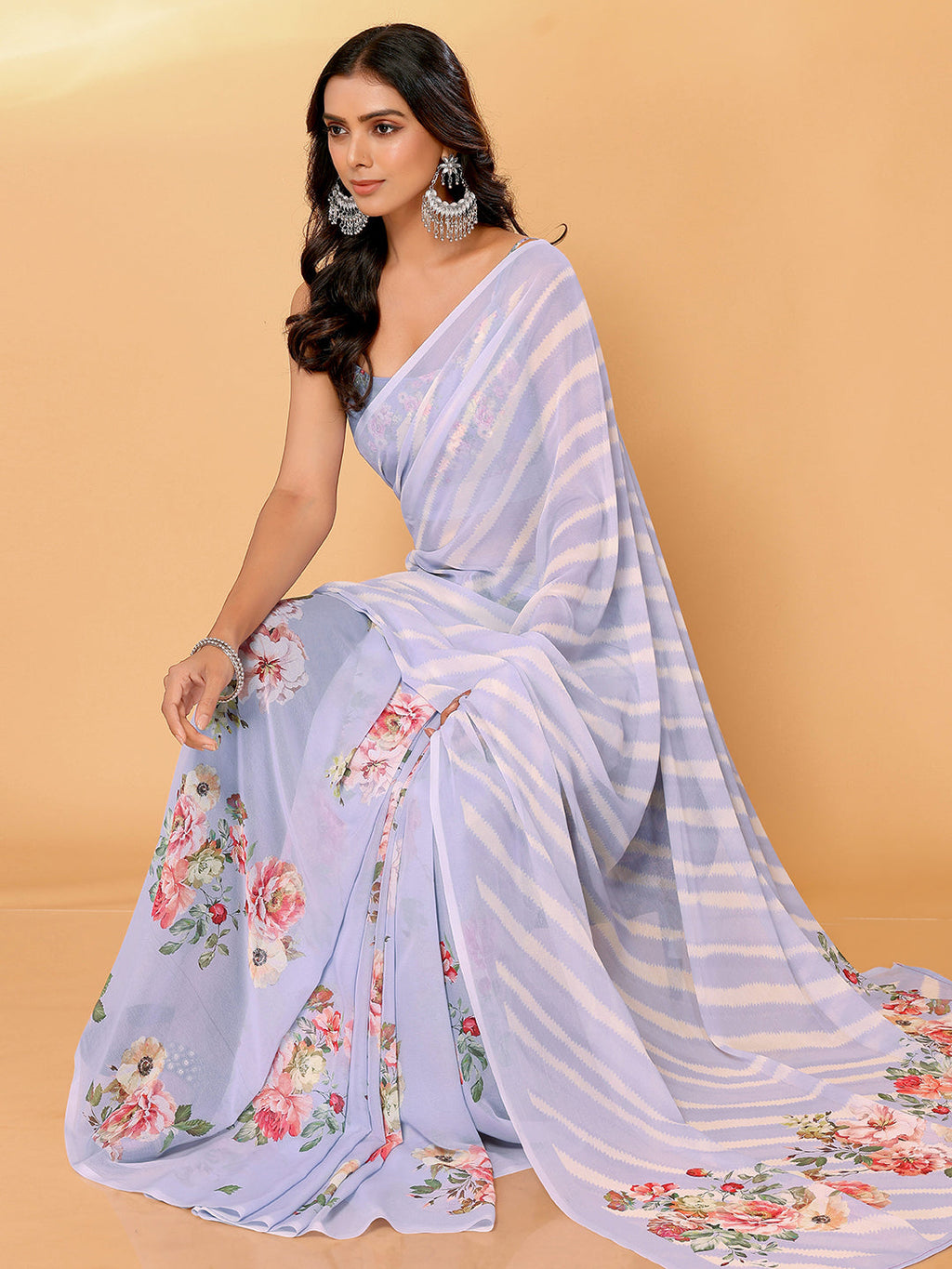 Janasya Lavender Georgette Floral Printed Saree | Grocsy