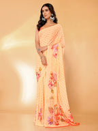 Janasya Peach Georgette Floral Printed Saree | Grocsy