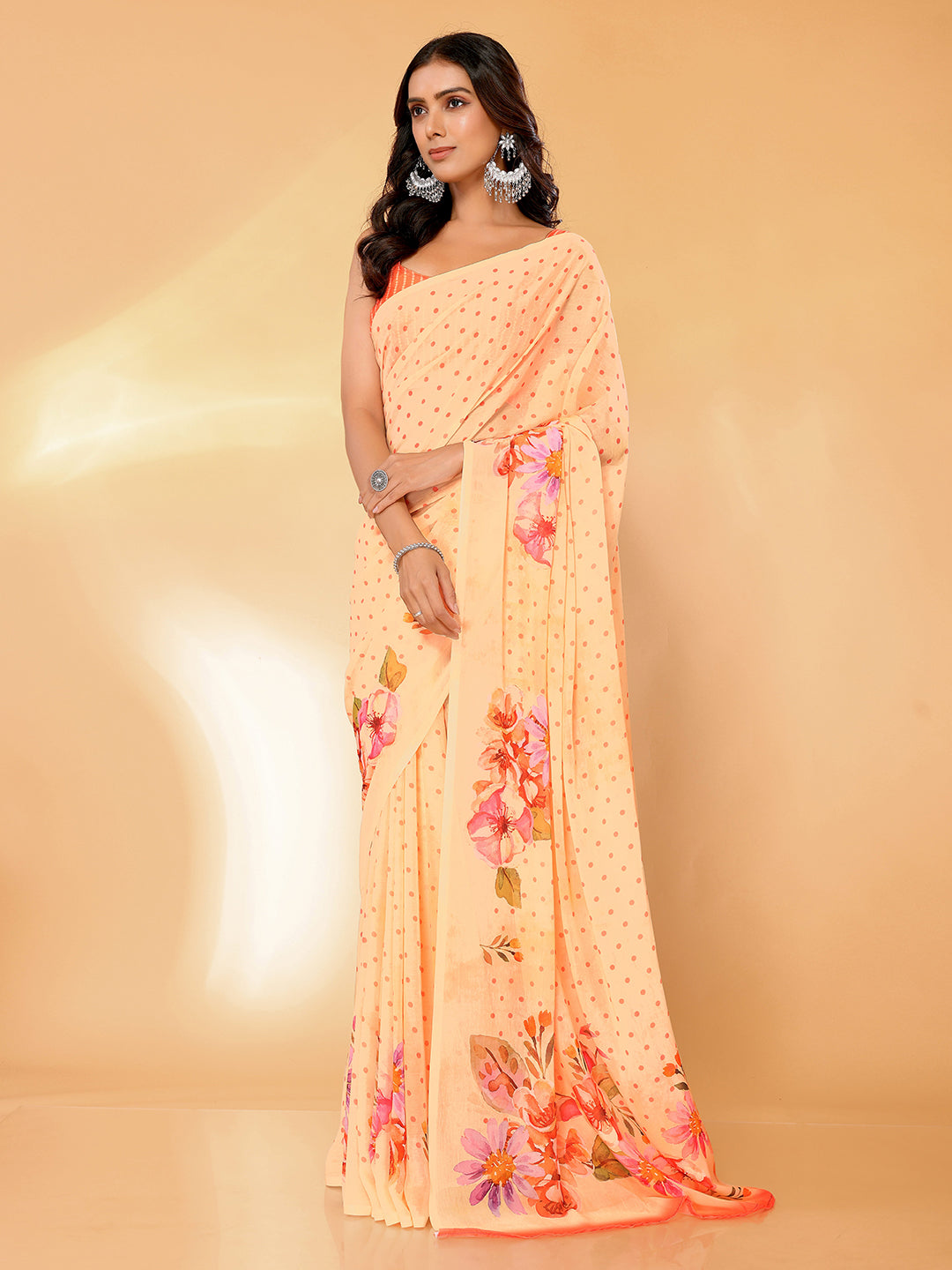 Janasya Peach Georgette Floral Printed Saree | Grocsy