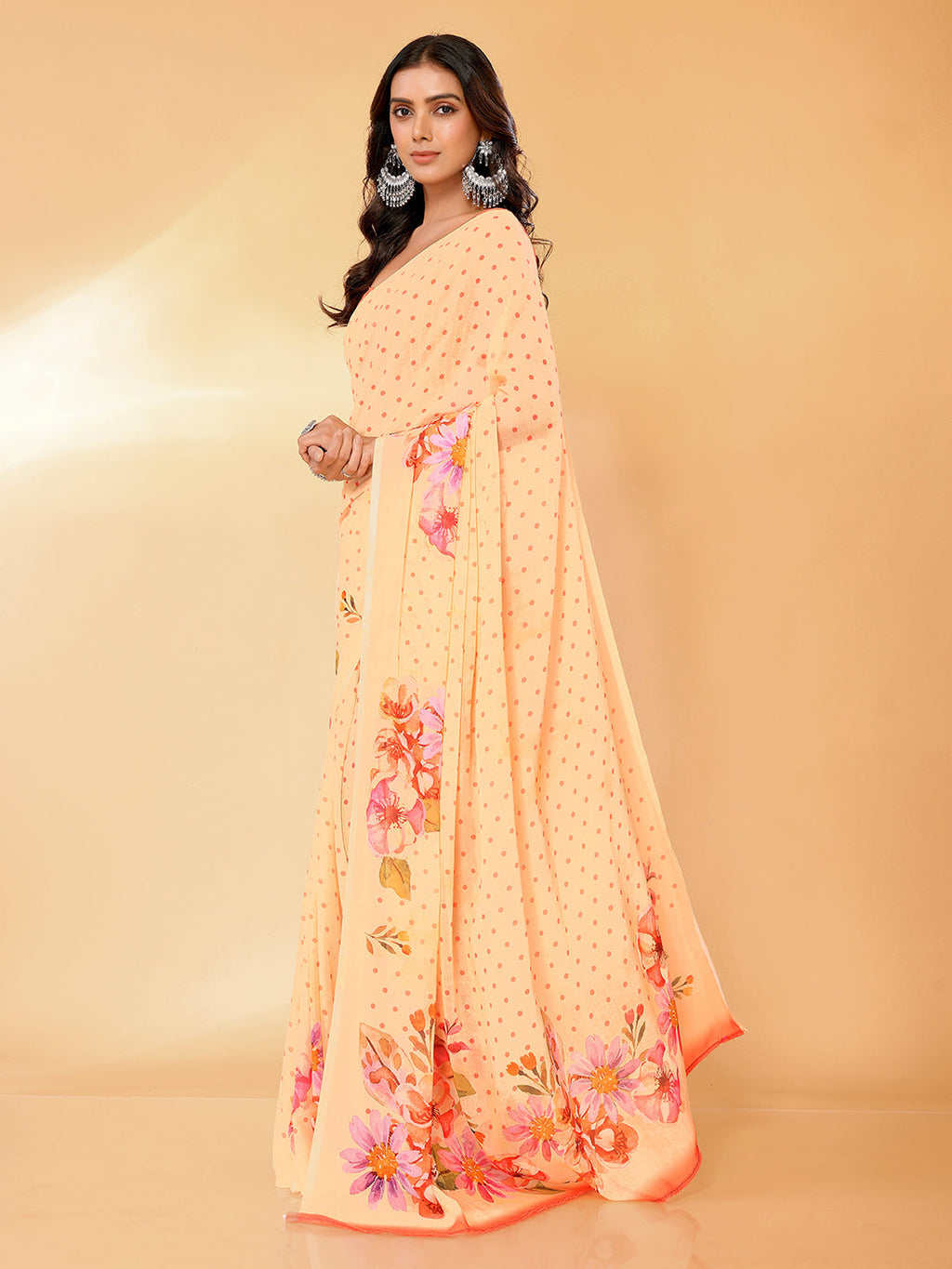 Janasya Peach Georgette Floral Printed Saree | Grocsy
