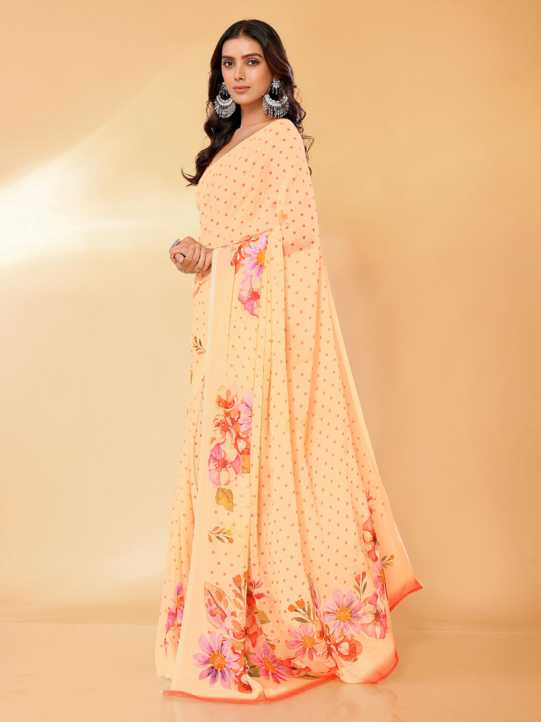 Janasya Peach Georgette Floral Printed Saree | Grocsy
