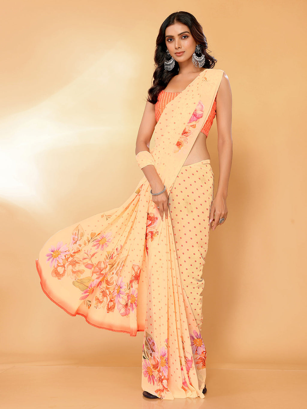 Janasya Peach Georgette Floral Printed Saree | Grocsy