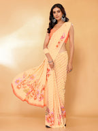 Janasya Peach Georgette Floral Printed Saree | Grocsy