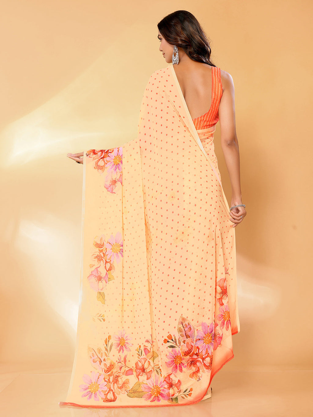 Janasya Peach Georgette Floral Printed Saree | Grocsy
