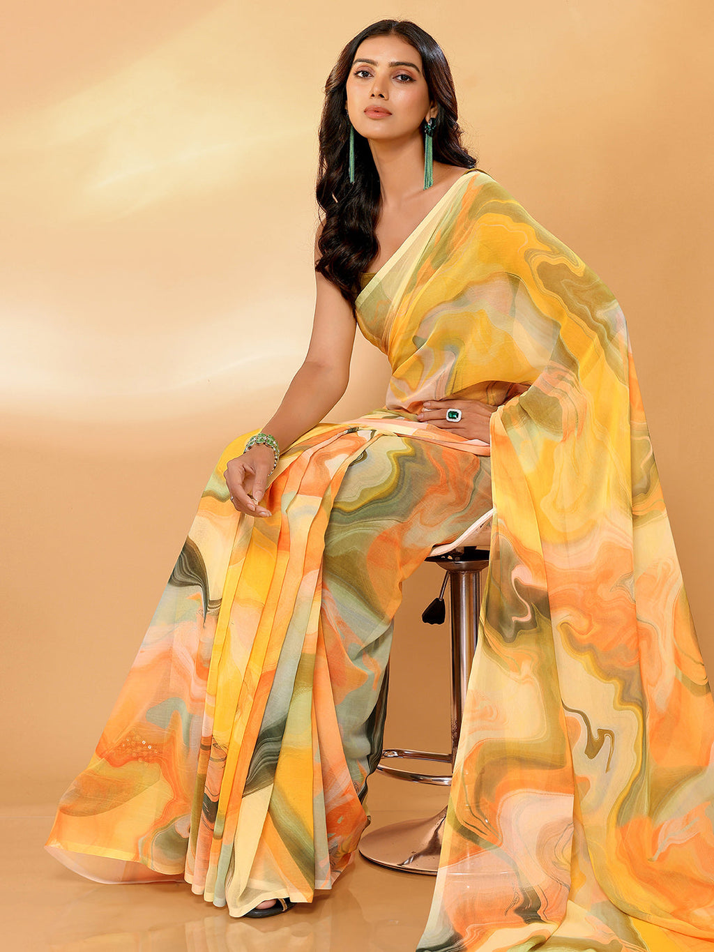 Janasya Multicolor Georgette Abstract Printed Saree | Grocsy
