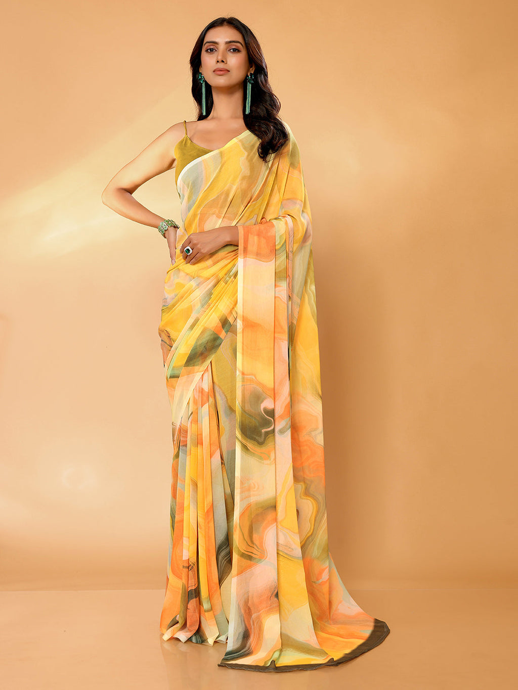Janasya Multicolor Georgette Abstract Printed Saree | Grocsy