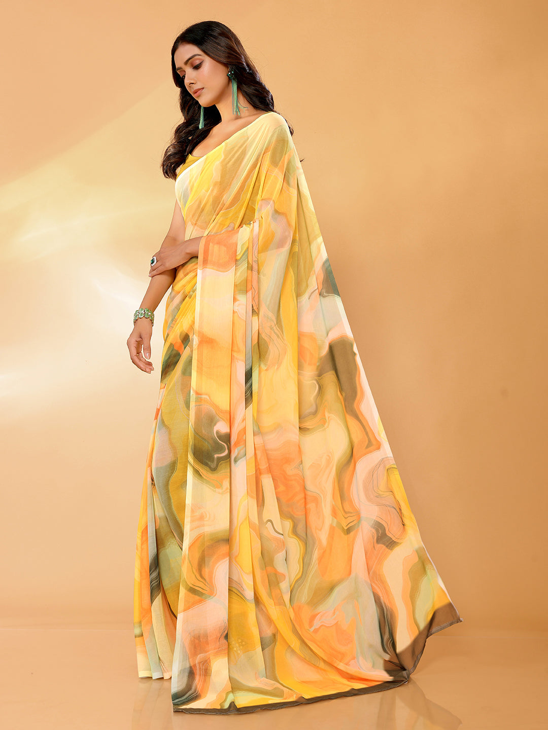 Janasya Multicolor Georgette Abstract Printed Saree | Grocsy